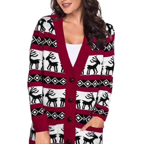 Red Christmas Elk Print Buttoned V Neck Knitted Sweater - Picture 3 of 11